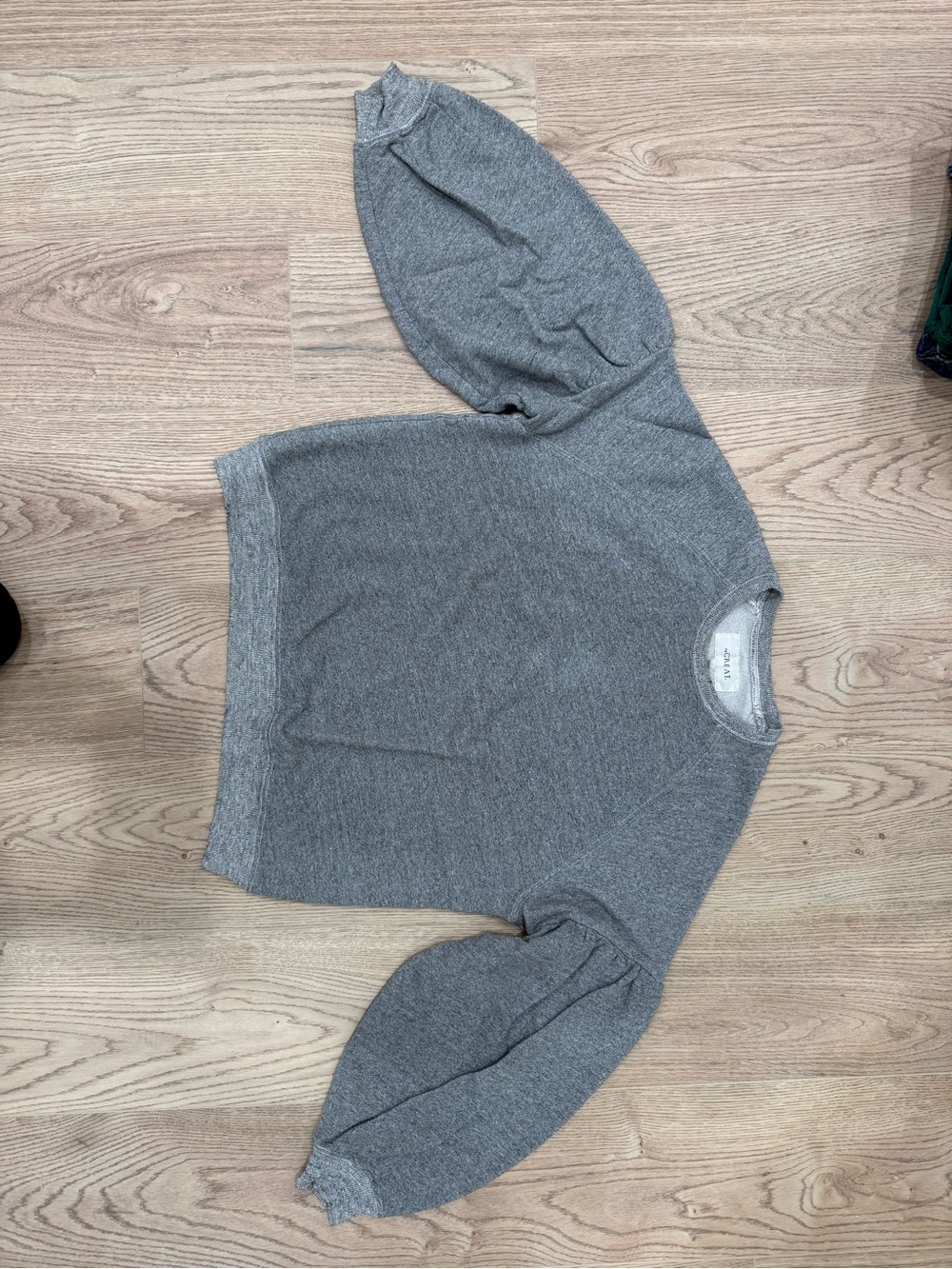 THE GREAT. Gray Crewneck Sweater with Puff Sleeves